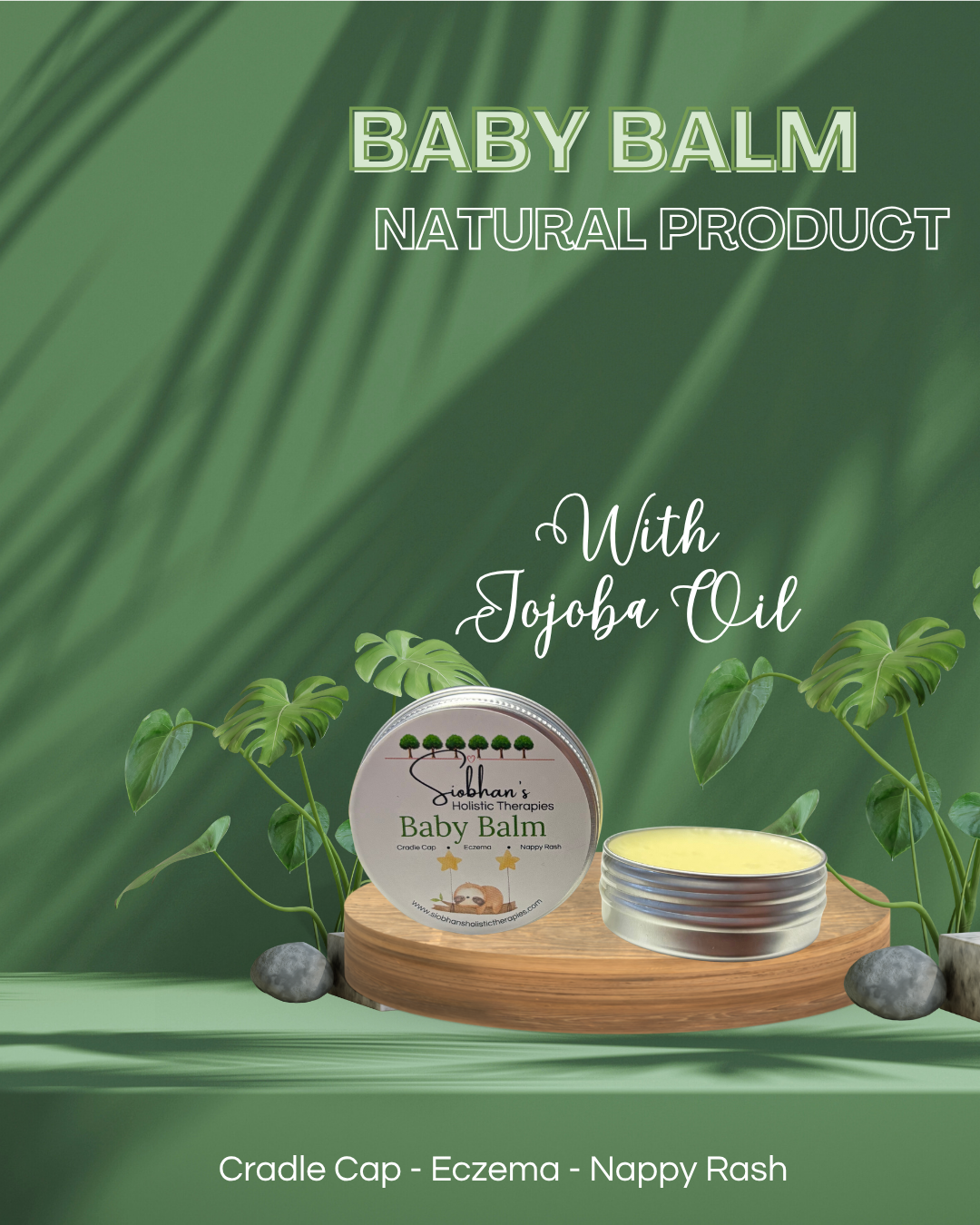 Baby balm natural product with jojoba oil on a green background