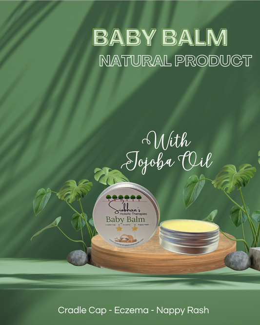 Baby balm natural product with jojoba oil on a green background