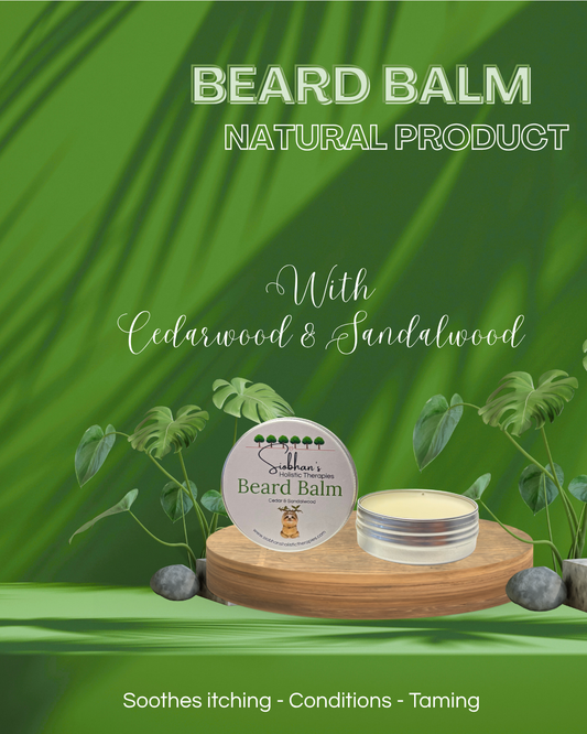 Beard balm packaging with natural product label on a green background with plants.