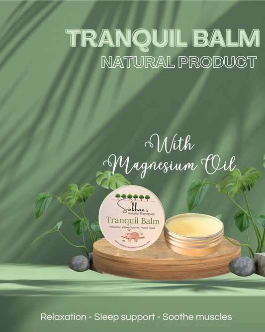 Tranquil Balm natural product with magnesium oil on a green background